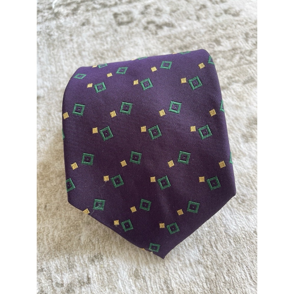 Lauren Ralph Lauren‎ Vintage Purple Silk Tie Green Square Pattern Made In USA